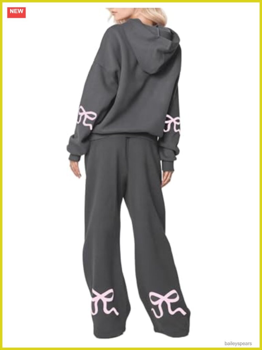 Cotton Blend 2 Piece Sweatsuit Bow Print Oversized Hoodie Wide Leg Pants Set